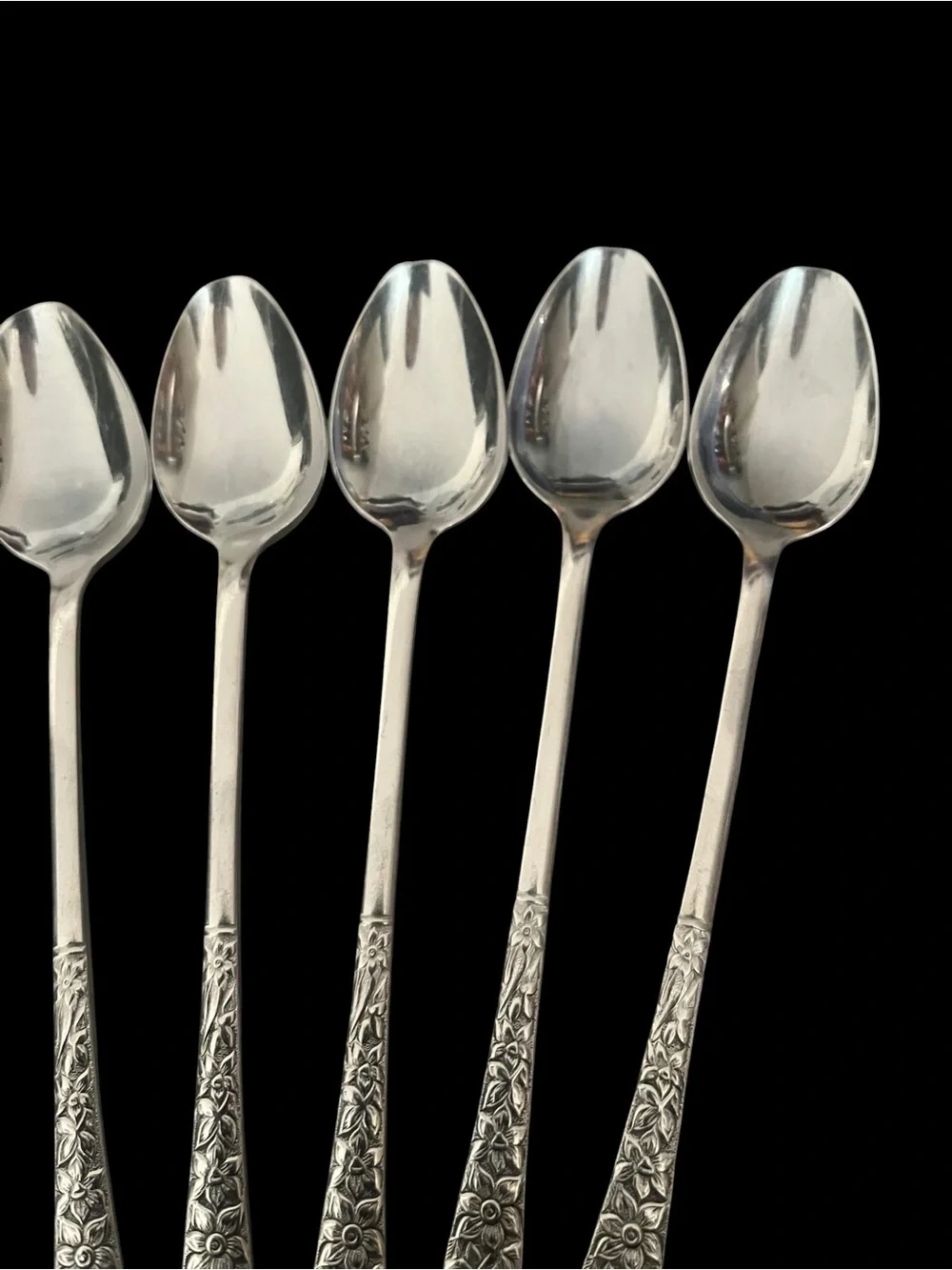 VTG Nasco Narcissus Japan Embossed Floral Set of 7 Long Handle Teaspoons Ice Tea